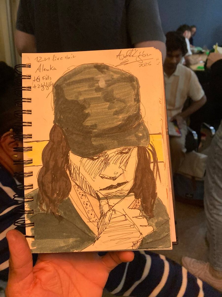 A5 portrait in marker, fineliner and watercolour: person wearing a cap