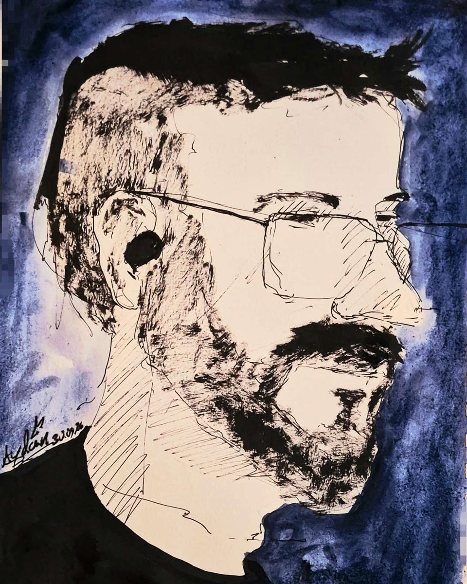 Expressive portrait in watercolour and fineliner by Aydan Lig'on: man with glasses and a beard