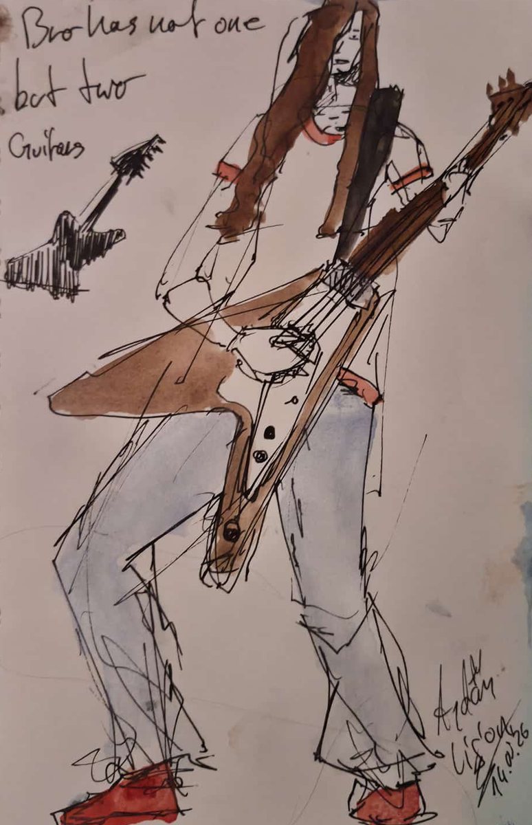 Watercolour with fineliner: guitarist with two guitars, “Bro has not one but two guitars”