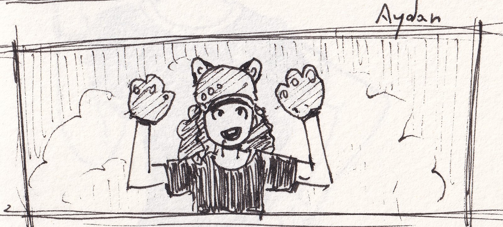 Hand-drawn comic banner: Aydan with a fox hat and fox paws, cheering with both hands in the air