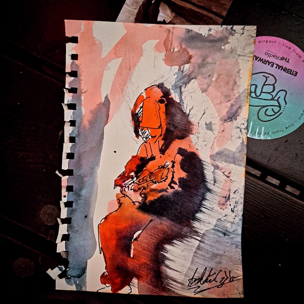 The watercolour portrait of the Revolte Tanzbein musician in the sketchbook