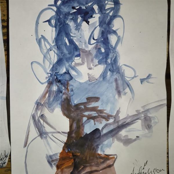 Blue sketch of a guitarist