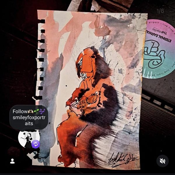 Red-orange watercolour of a musician, shared by him on Instagram