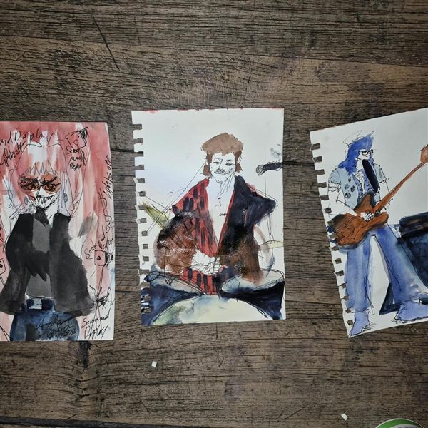 Three watercolour portraits of musicians